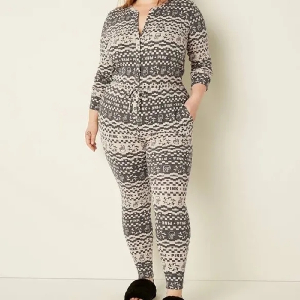 PINK Victoria's Secret Gray Cream Logo Pattern Thermal Drawstring Onesie Large